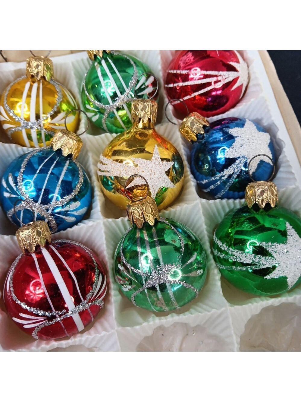 Vintage 80s Poland Christmas Ornaments Mouthblown Handcrafted 9pcs Box Read WOW!